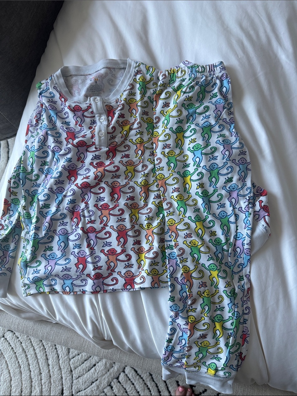 Roller Rabbit Kids Pajama Set in White with Rainbow Monkey Print